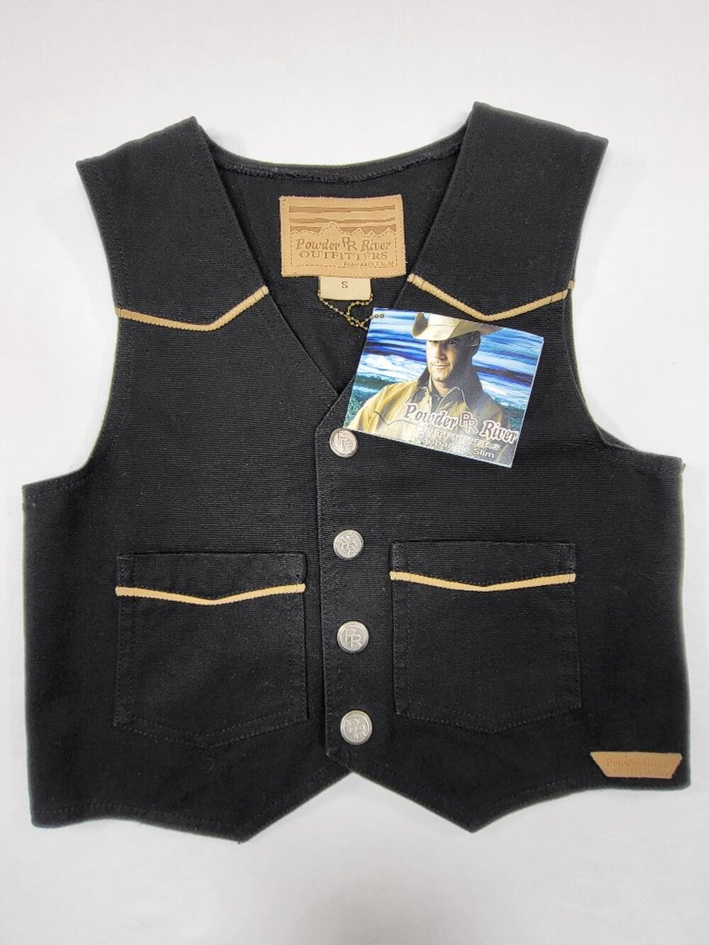 NWT Powder River Outfitters Boys Small Black Canvas Western Vest Panhandle Slim
